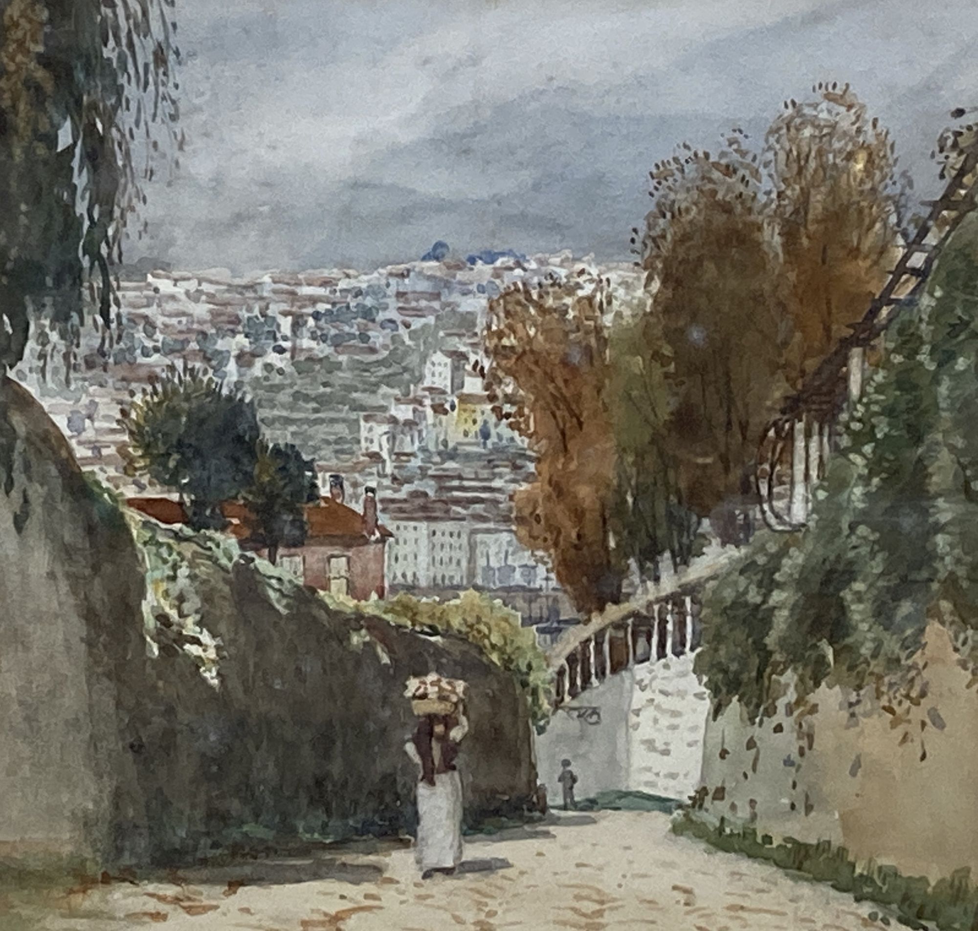 P. Robert Rodger, watercolour, Figures on a hillside lane overlooking a mediterranean town, signed, 18 x 18cm